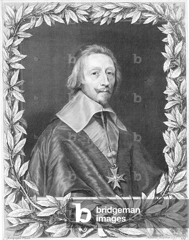 France: Cardinal de Richelieu (1585-1642), French bishop, politician and statesman. Engraving by Robert Nanteuil (1623-1678), 1657