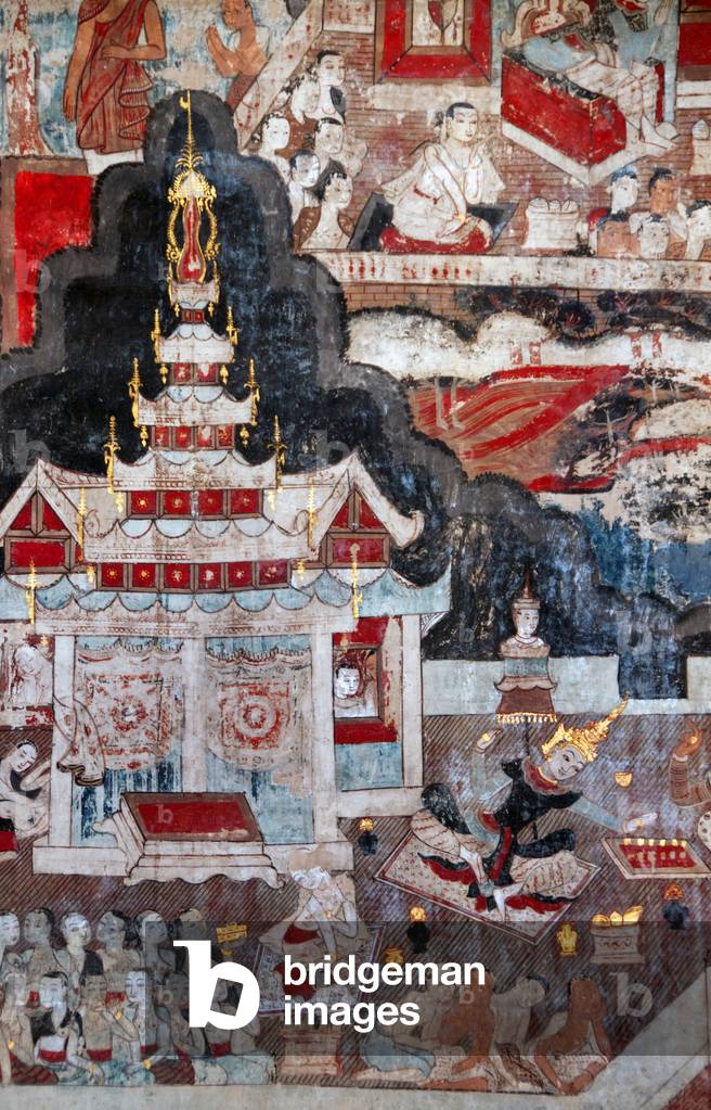 Thailand: Prince Siddhartha plays chess in front of a pavilion, southern wall mural,  Wat Buak Khrok Luang, Chiang Mai