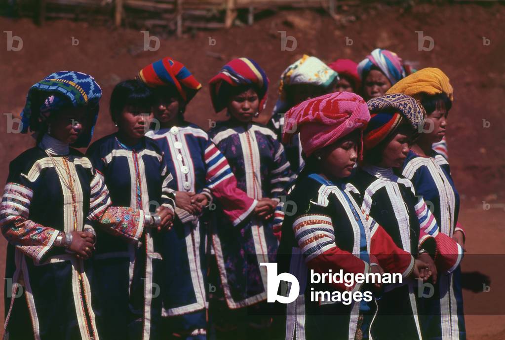 Thailand: Lahu Shehleh women dancing at Lahu New Year celebrations, northern Thailand