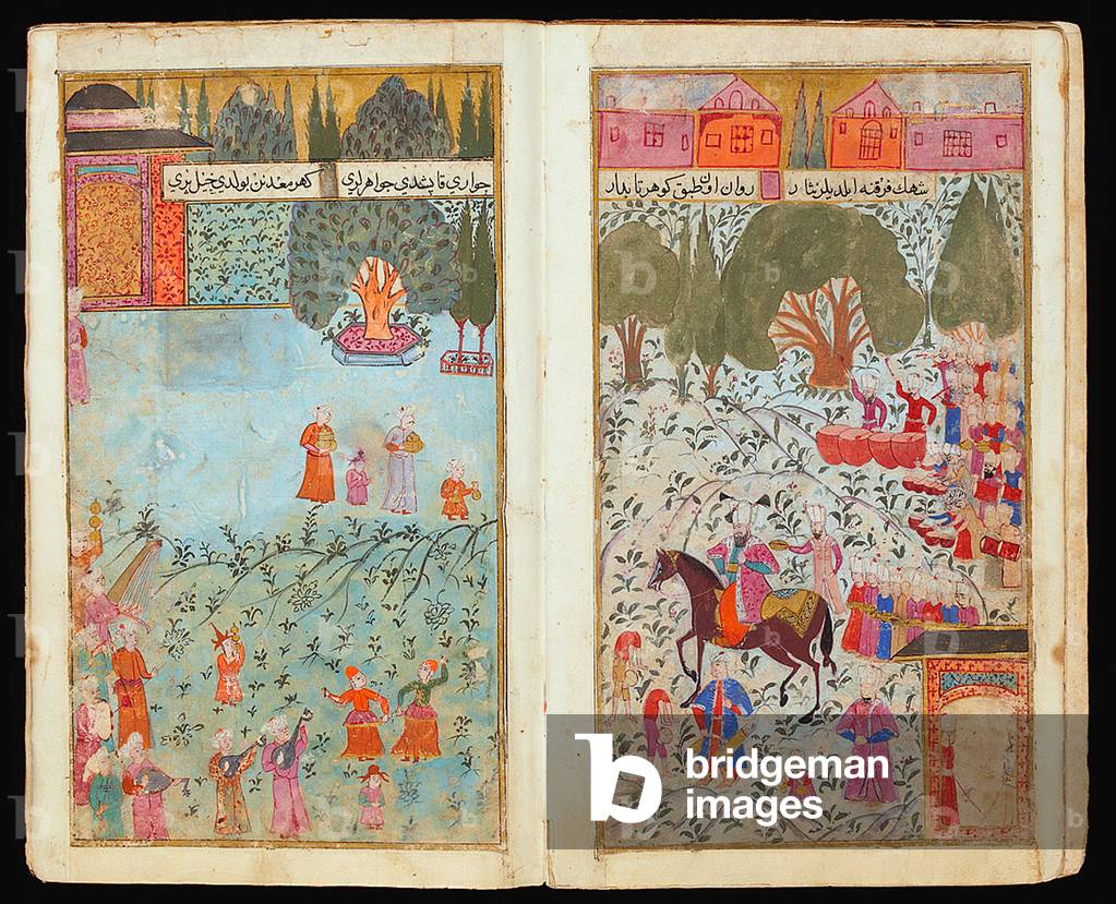 Turkey: Paintings from an illustrated manuscript depicting the military campaign in Hungary of Ottoman Sultan Mehmed III in 1596. The double miniatures depict the reception of Mehmet III in Davudpasha.
