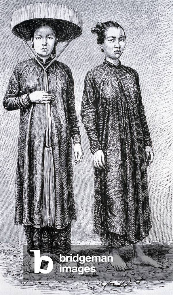 Vietnam: A well-to-do Vietnamese woman of Saigon wearing ao ngu than gown,  together with her servant, 1872