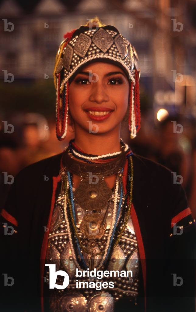 Thailand: Thai schoolgirl dressed in Akha traditional costume for the Loy Krathong Parade, Loy Krathong Festival, Chiang Mai