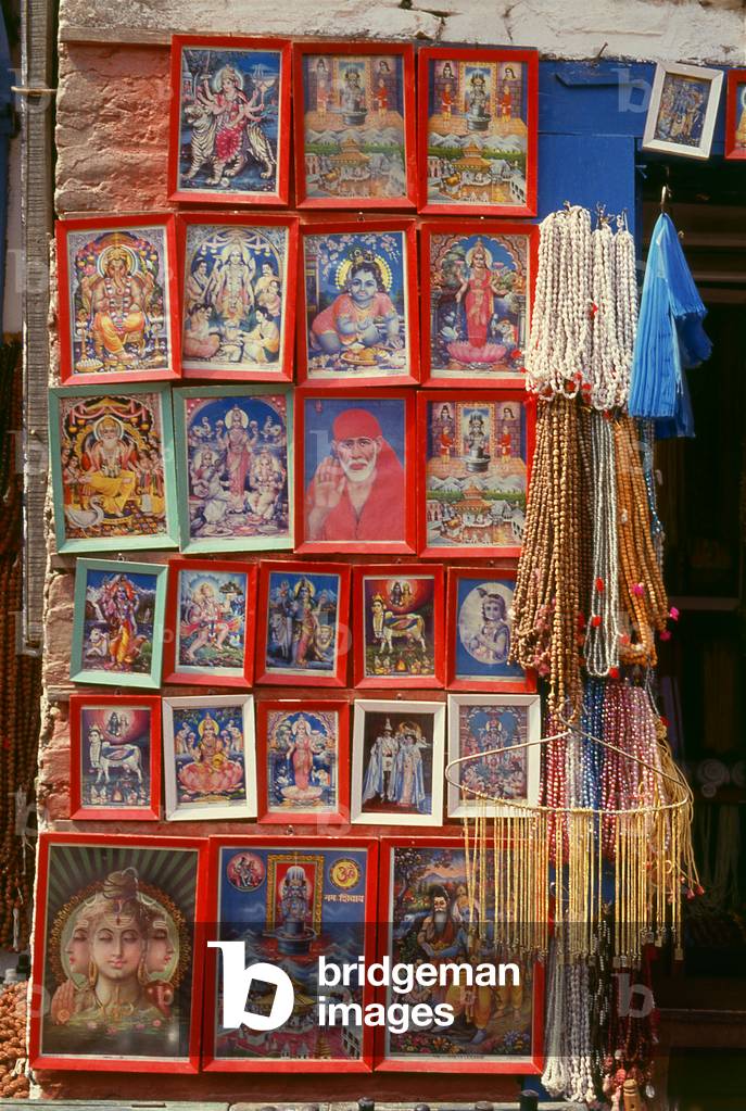 Nepal: Religious paraphernalia including pictuers of Hindu gods and saints, Pashupatinath, Kathmandu