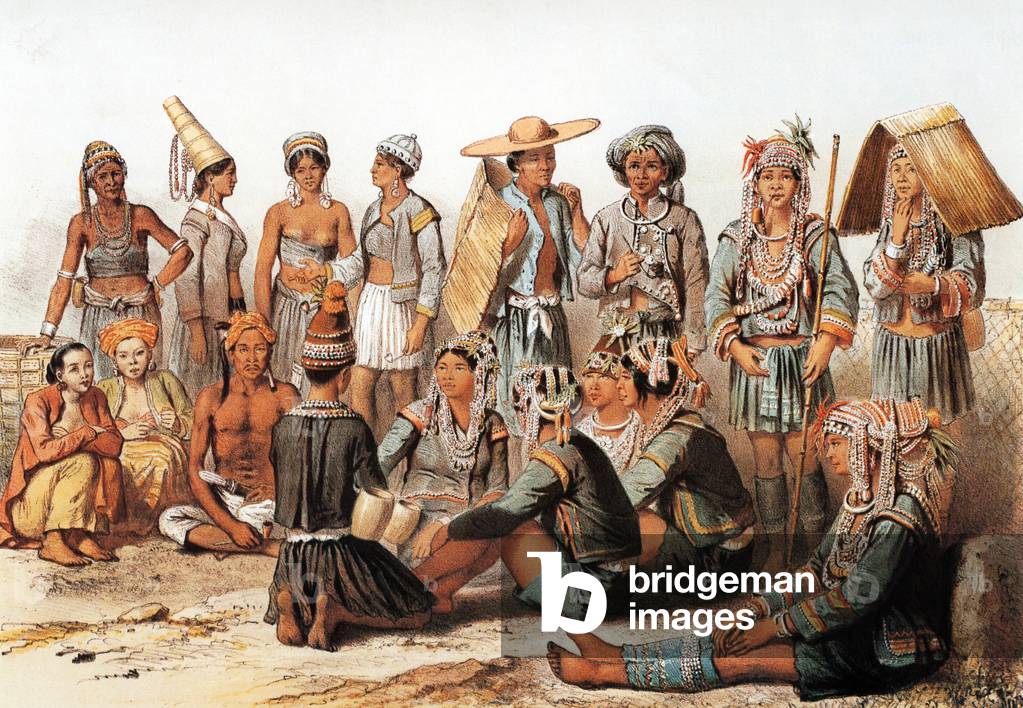 Burma/ Myanmar: An 1867 picture of the various ethnic groups of Kengtung in Shan State. The women sitting on the right are dressed in traditional Akha costume.