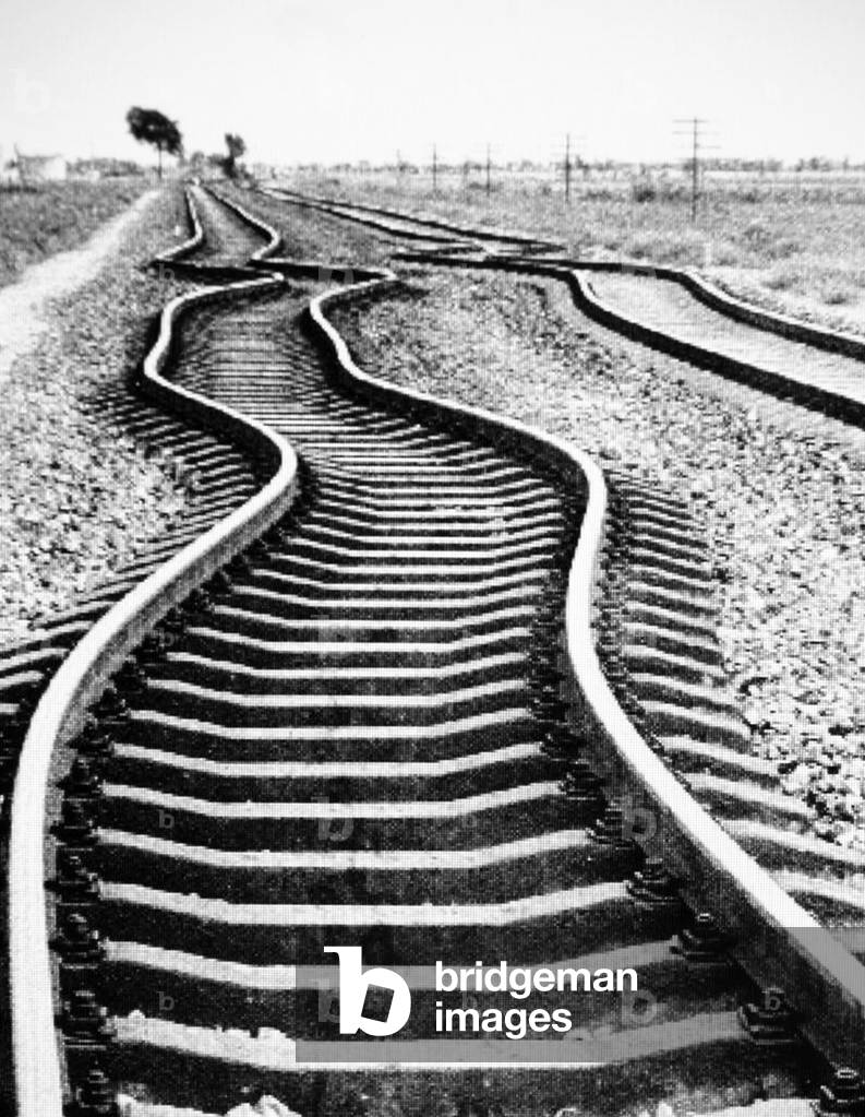 China: Rail track just outside Tangshan twisted and distorted by the strength of the Great Tangshan Earthquake, 28 July 1976