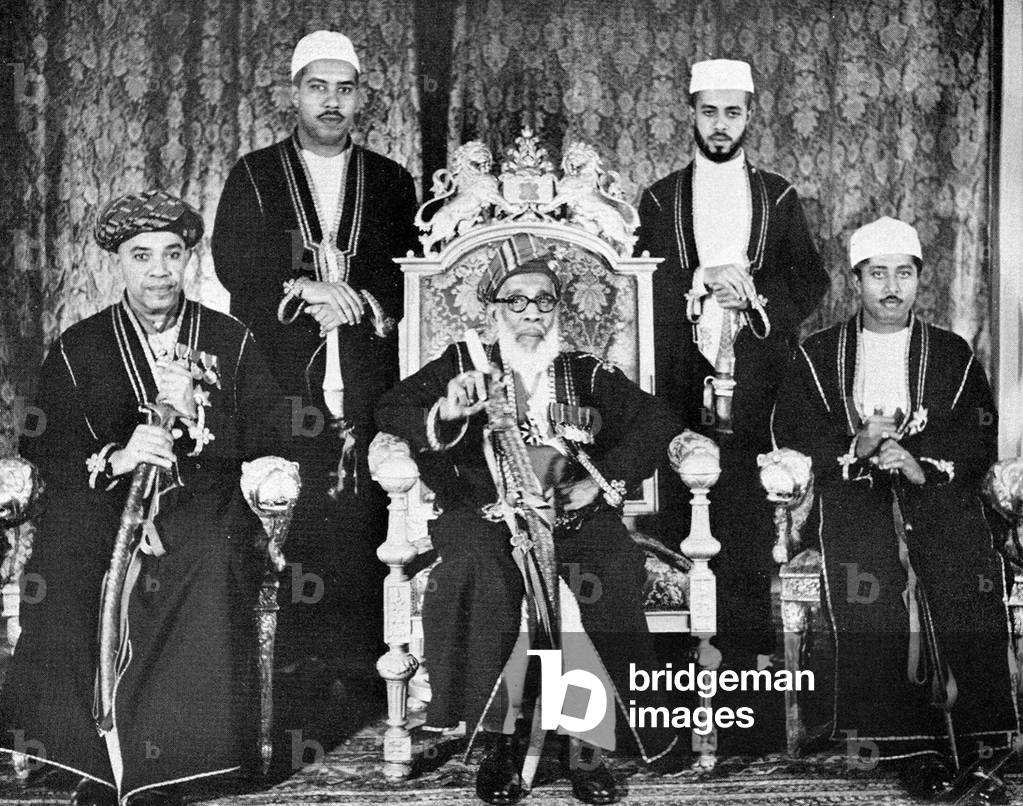 Tanzania / Zanzibar: Sayyid Barghash bin Said al-Busaid, Sultan of Zanzibar (r. 1870-1878), with his son Sayyid Sir Abdullah bin Khalifa Al-Said (left) and grandson Sayyid Sir Jamshid bin Abdullah Al Said (right), c. 1957