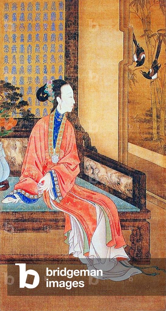 China: 'Leaning on a Couch Watching Magpies', from the  'Yongzheng shier meiren tu' or 'Twelve Beauties of Prince Yong', Qing Dynasty court painting, early 18th century