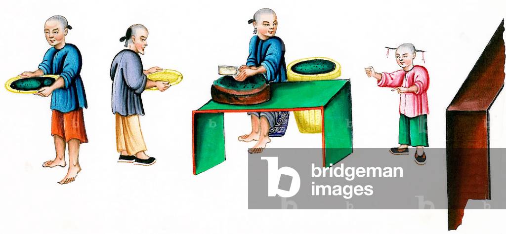 China: Silk Production - preparing mulberry leaves. Qing Dynasty watercolour painting by an anonymous artist, mid to late 19th century