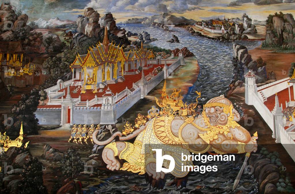 Thailand: Hanuman enlarges himself to allow his army to use his body as a bridge to cross a river, Ramakien (Ramayana) murals, Wat Phra Kaeo (Temple of the Emerald Buddha), Bangkok