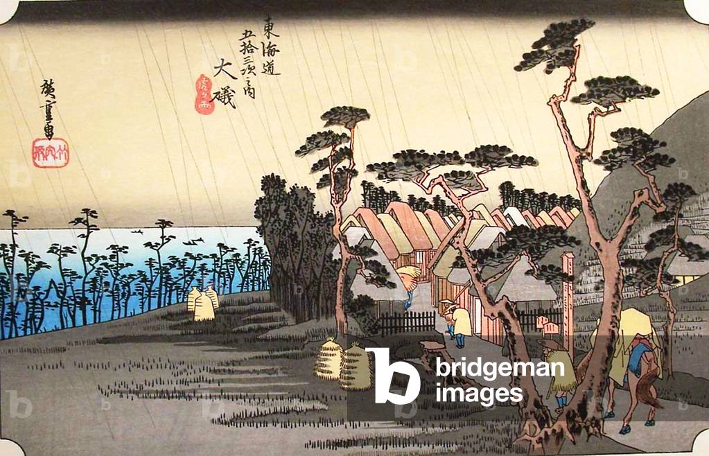 Oiso: Toraga Ame Shower, from the series '53 Stations of the Tokaido Road', 1834-35 (colour woodblock print)