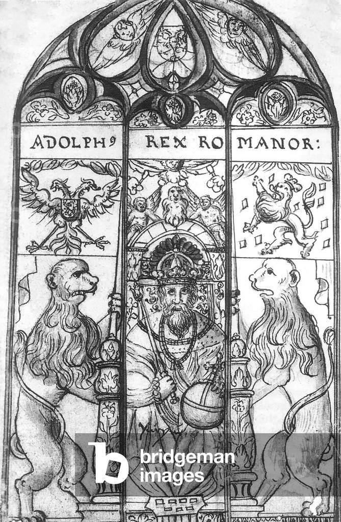 Germany: Drawing of a glass window from the Wiesbaden Mauritius Church depicting Adolf (1255-1298), King of Germany, by H. Dors, 1632