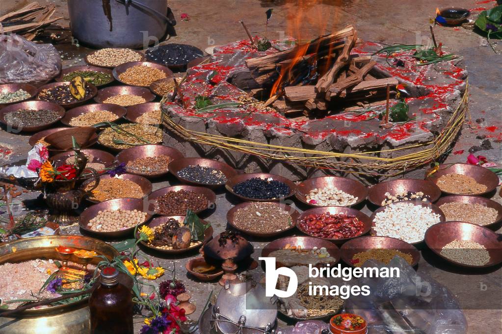 Nepal: A variety of ritual offerings including edible seeds, pulses and rice at a Kathmandu temple