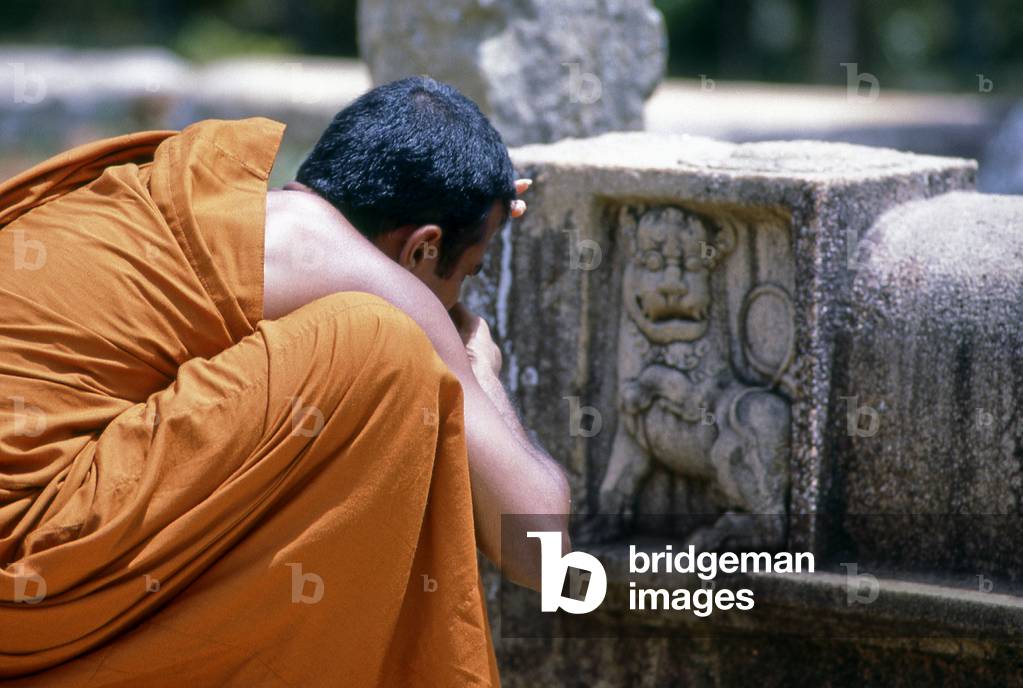 Sri Lanka: A monk taking a photo of a stone relief, Anuradhapura
