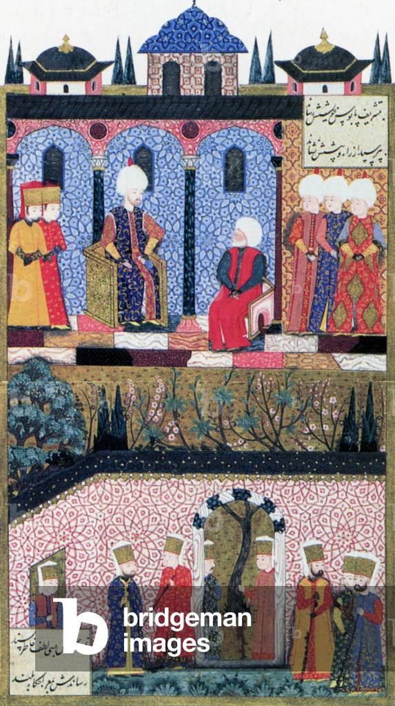 Turkey: 'Sultan Suleyman with Barbaros Hayreddin Pasa', a painting from the illustrated manuscript 'Suleymanname' by Arif Celebi, dated 1558.