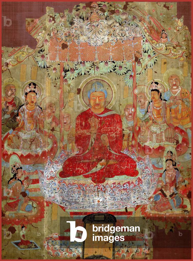 China: Buddha describing the Doctrine under a tree. Painting on Silk, Dunhuang, 8th century.