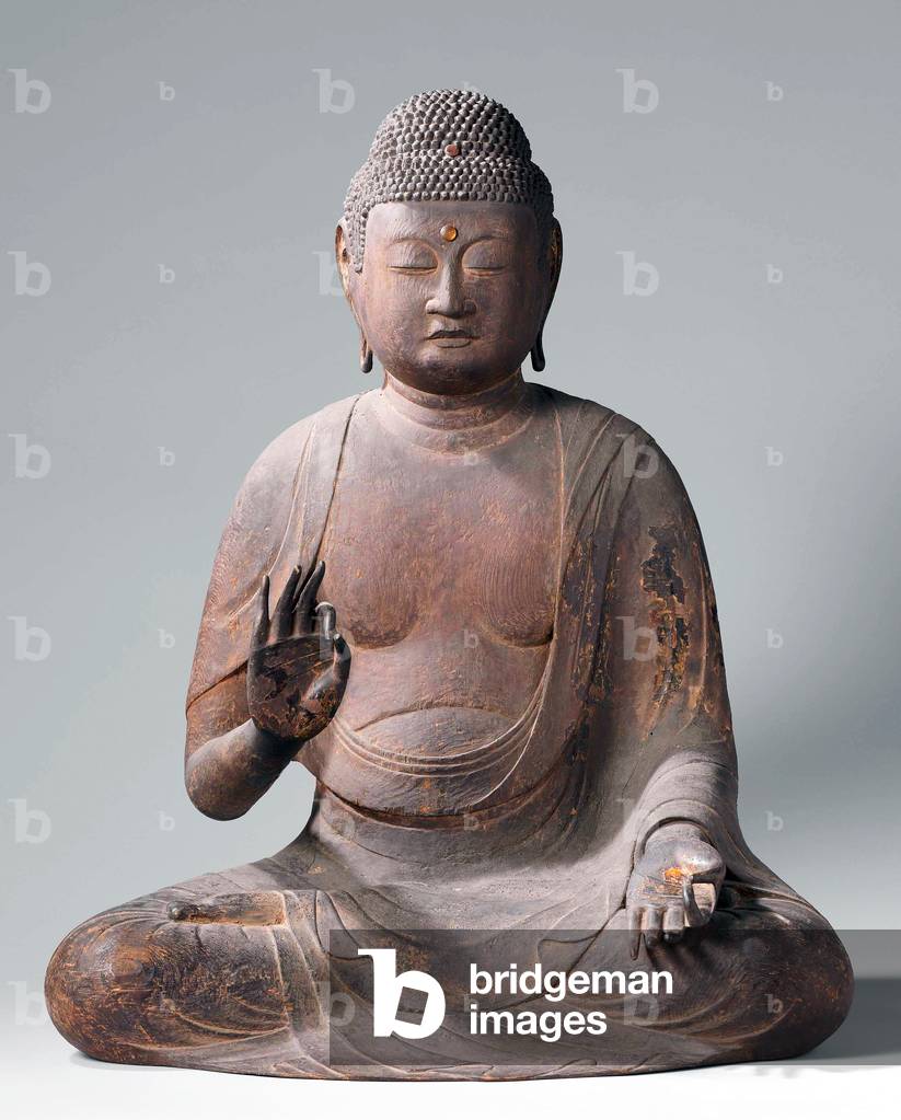 Japan: Amida or Amitabha Buddha in lotus position, carved wood, c. 1150 CE