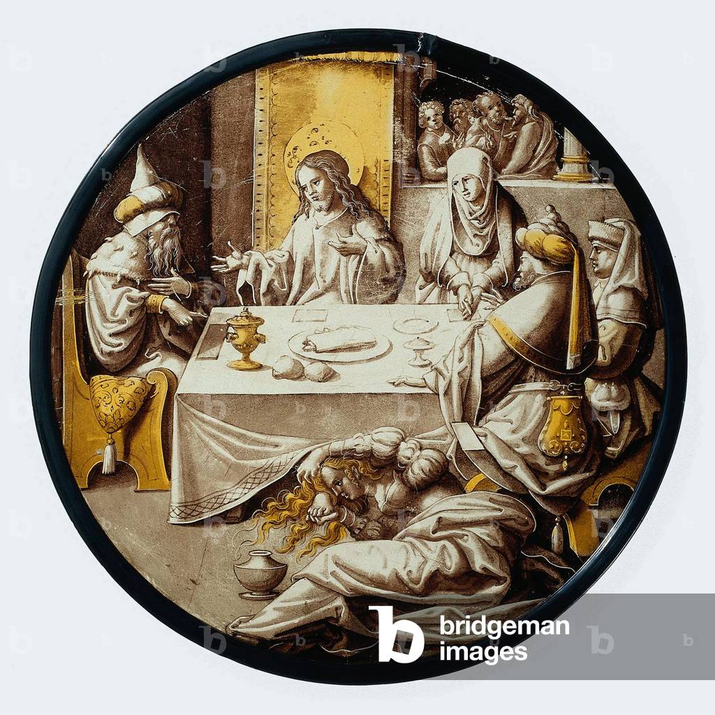 Religion: 'The Banquet of Simon of Bethany' - the story of Mary Magdalene, painted on stained glass by an unknown artist, c.1520.