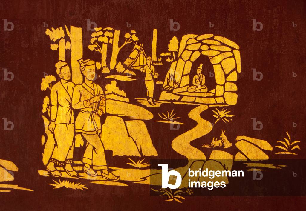 Burma / Myanmar: Gold stencilled ('lai kham') paintings on the inner wall of the main viharn at Wat Jong Kham, Kyaing Tong (Kengtung), Shan State