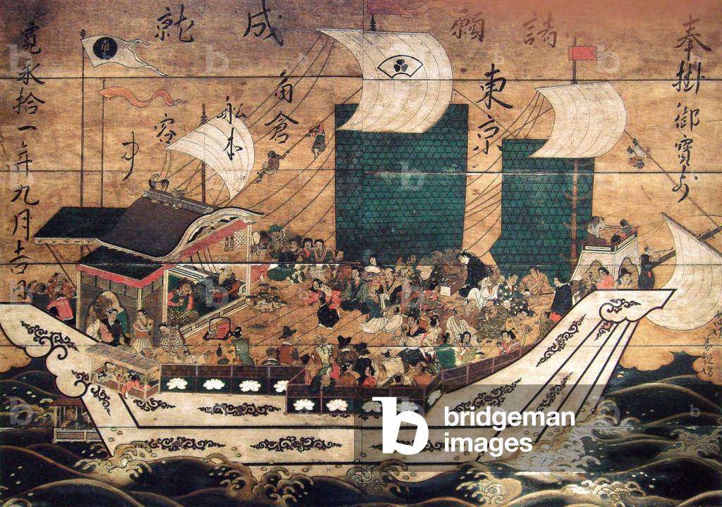 Japan: Suminokura red seal ship with foreigners. A wood plaque painting from Kiyomizu-dera Temple, Kyoto (c. 1633)