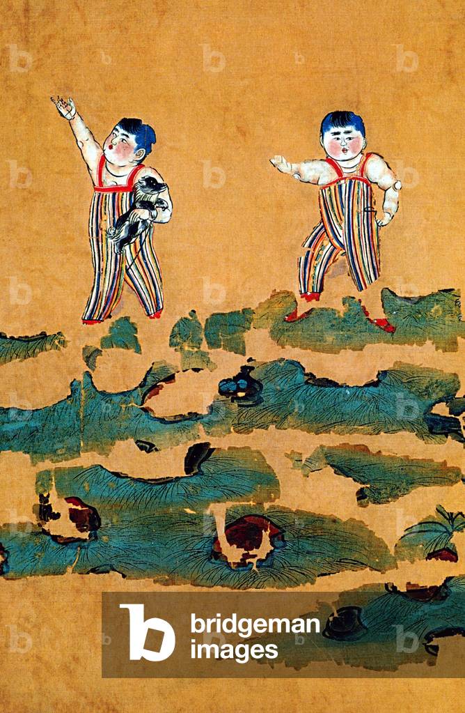 China: Painting of two young children playing with a small dog, Turpan Oasis c.7th-8th century, Astana Tombs, Xinjiang