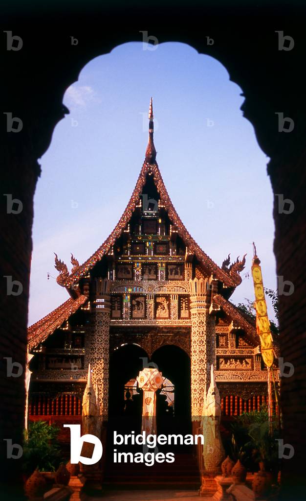 Thailand: A traditional Lanna lantern, used during the annual Loy Krathong festival, hangs from the viharn at Wat Lok Moli, Chiang Mai, northern Thailand