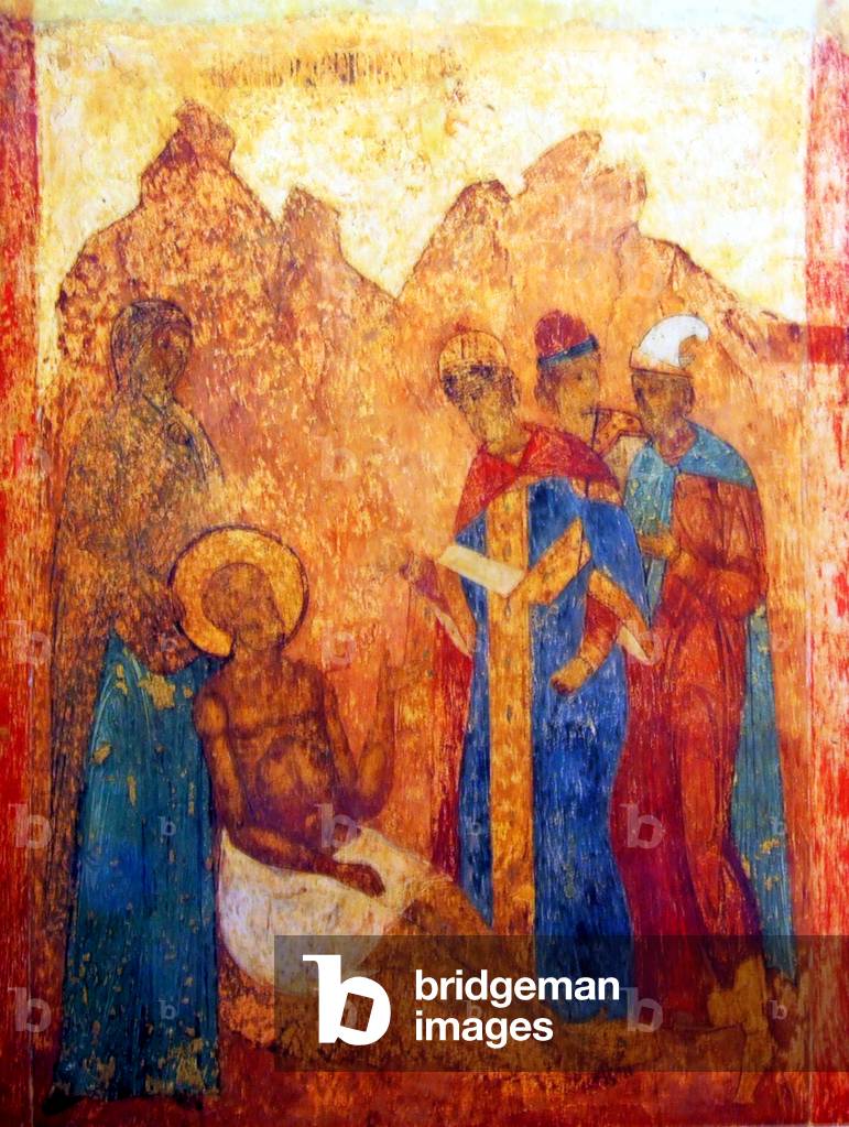 Middle East / Russia: Job with a halo in a fresco on the southwest wall of the Kremlin cathedral, 1547-1551