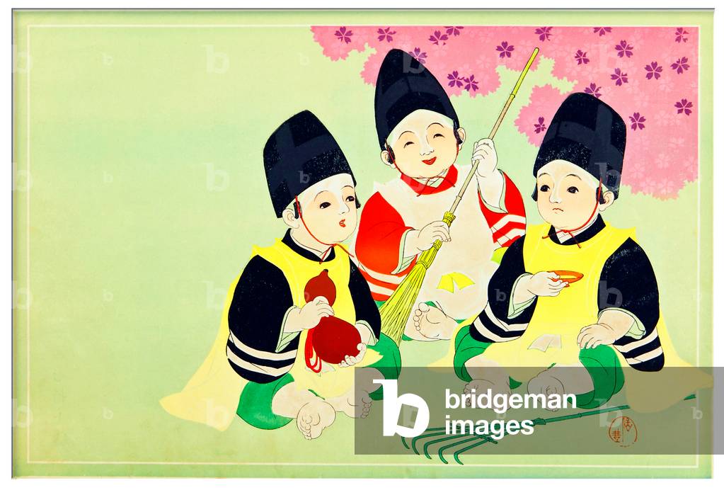 Japan: Hikifuda advertising poster depicting three boys with a bottle gourd and gardening implements, late Meiji (1868-1912)