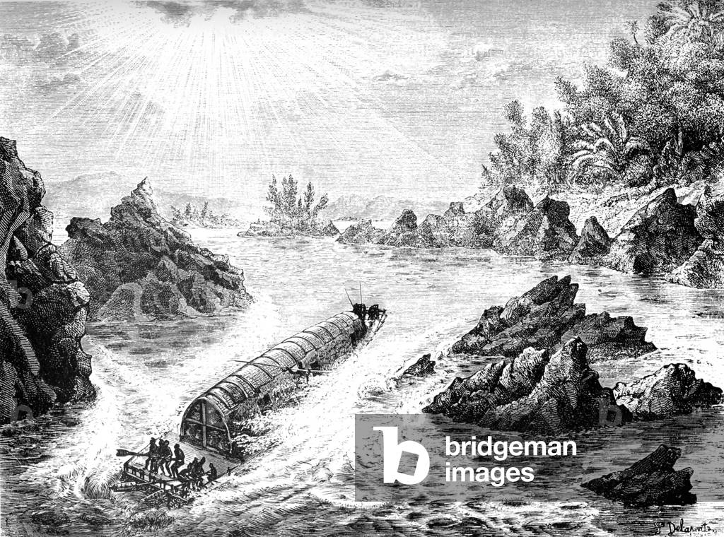 Laos: An 1867 drawing by French expeditioner Louis Delaporte of a Laotian raft full of merchandise negotiating rapids on the Mekong outside Luang Prabang.