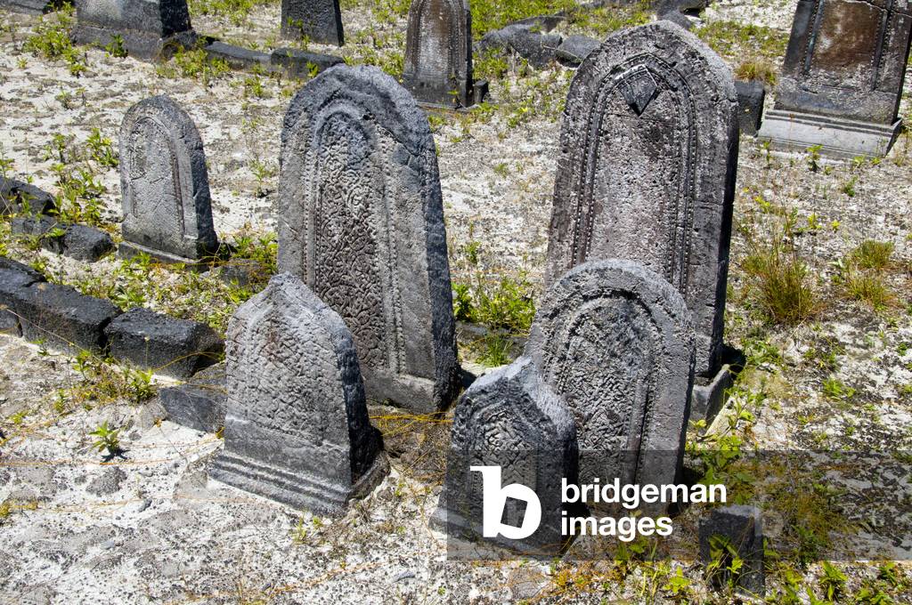 Maldives: Gravestones in the oldest cemetery (900 years old) in the country, Hulhumeedhoo Island, Addu Atoll (Seenu Atoll)