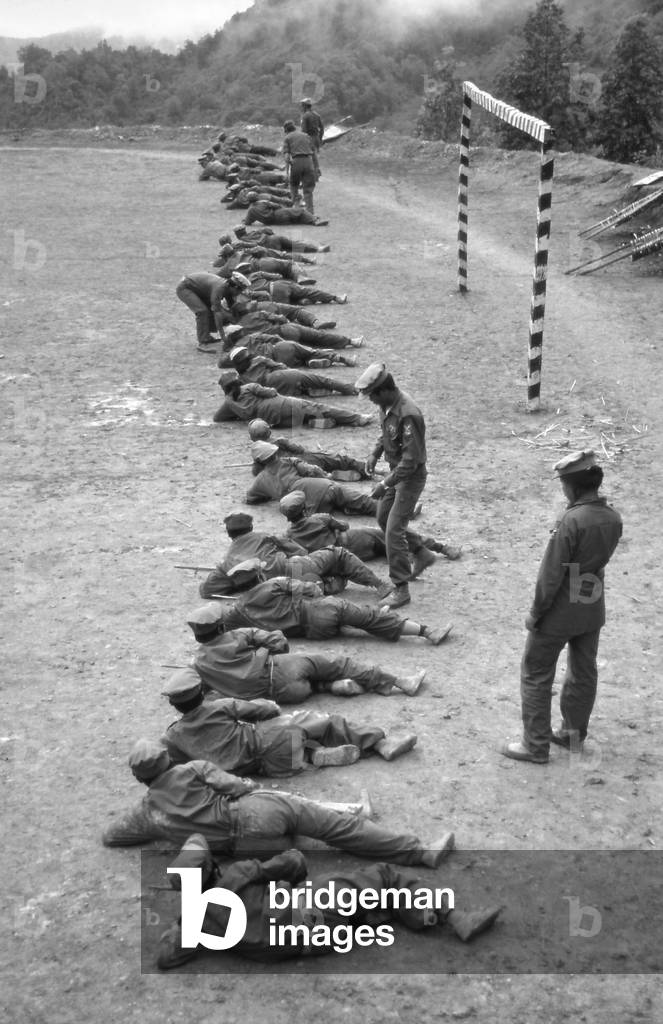 Burma / Myanmar: Soldiers training at the Kachin Independence Army (KIA) 4th Brigade Headquarters, northern Shan State (c. 1985)