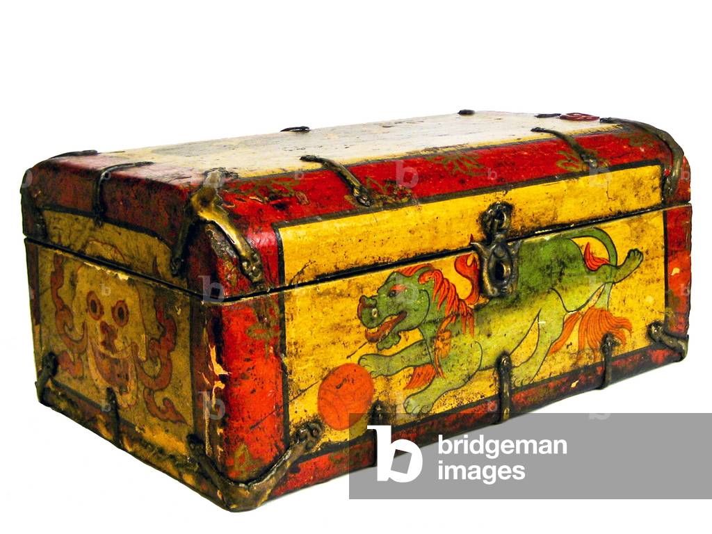 China / Tibet: A traditional painted Tibetan tea chest with a lion on the front, Lhasa, c. late 19th century