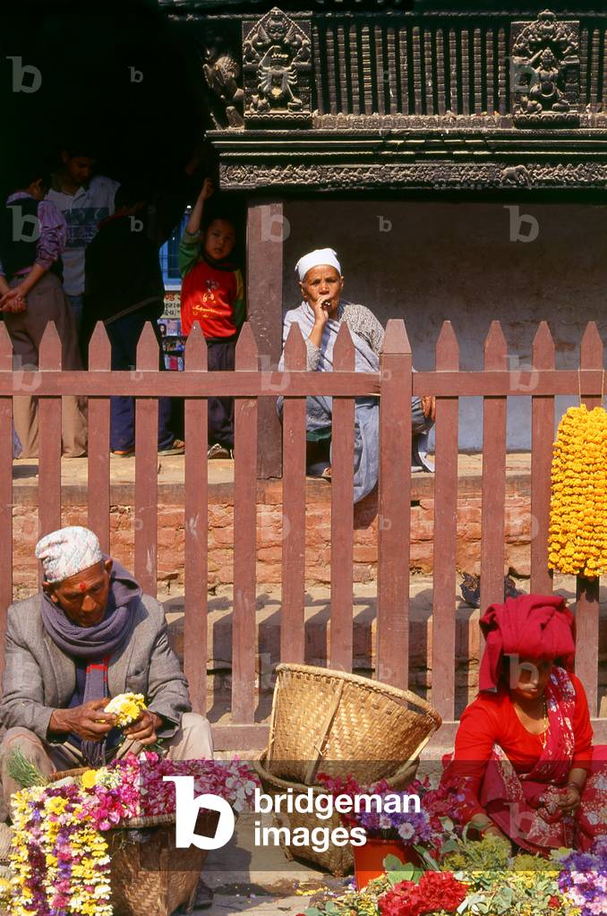 Nepal: Flower and garland vendors outside the Kasthamandap Temple, Durbar Square, Kathmandu (1996)