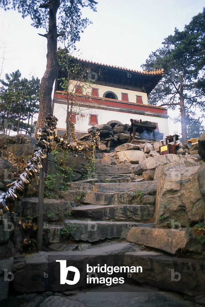 China: 'Heart Locks' used by visitors to 'lock their hearts with the Buddha' and also sometimes known as 'Locks of Love', lead up a staircase at the top end of the Puning Temple (P?níng Sì) or Temple of Universal Peace, Chengde, Hebei Province