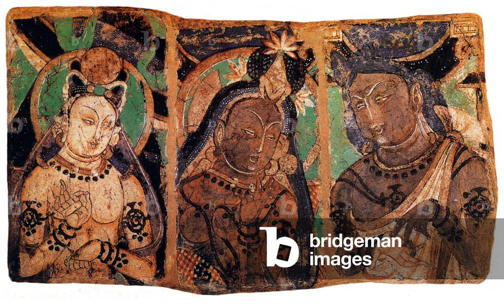 China: Three bodhisattvas from the Kizil Thousand Buddha Caves, Xinjiang, c. 7th-8th century CE
