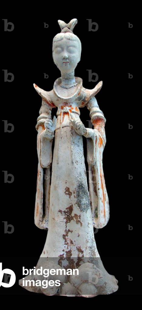 China: A terracotta sculpture of a woman in elaborate dress, 7th-8th century