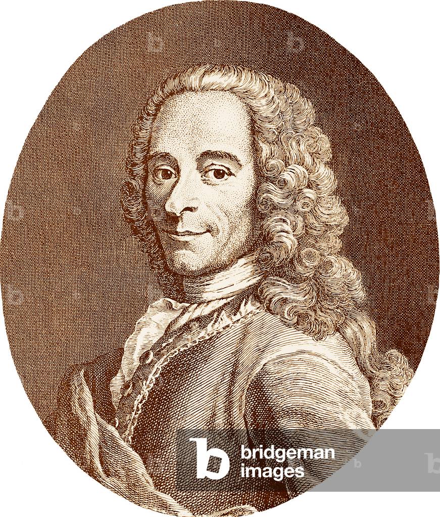 France: Portrait of Voltaire (1694-1778), French philosopher and writer. Engraving and frontispiece to the monthly scientific magazine 