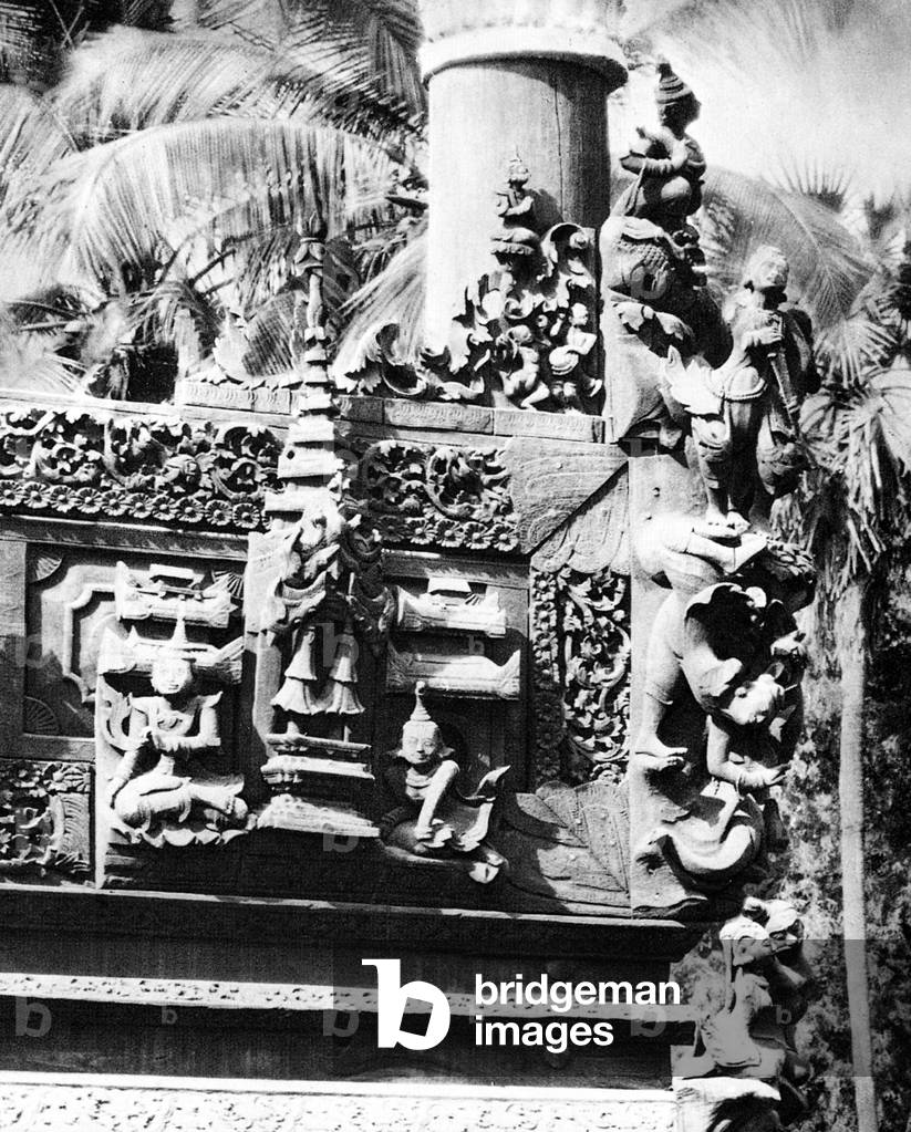 Burma/ Myanmar: Woodcarvings at a Buddhist monastery in Monywa, Upper Burma, c.1920s.