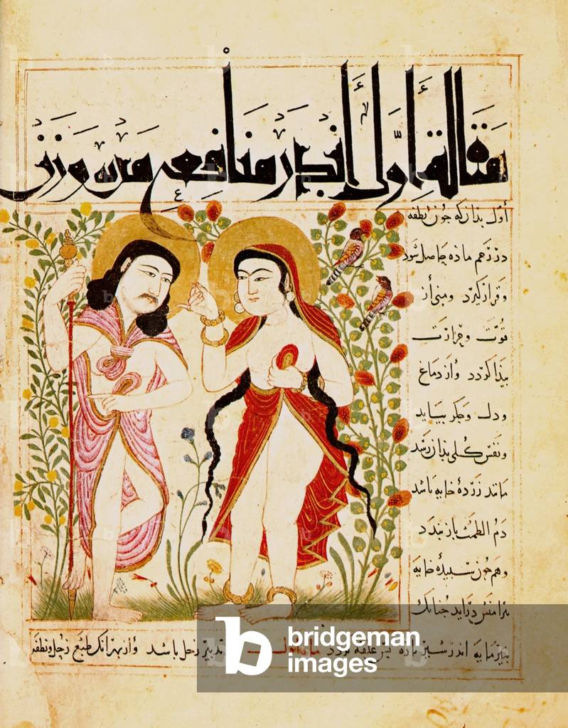 Iran: Adam and Hawwa (the Islamic Adam and Eve) as depicted in 'Manafi al-Hayawan' (Useful Animals). Maragheh, 1294-99 (Ilkhanid Era). Detail.