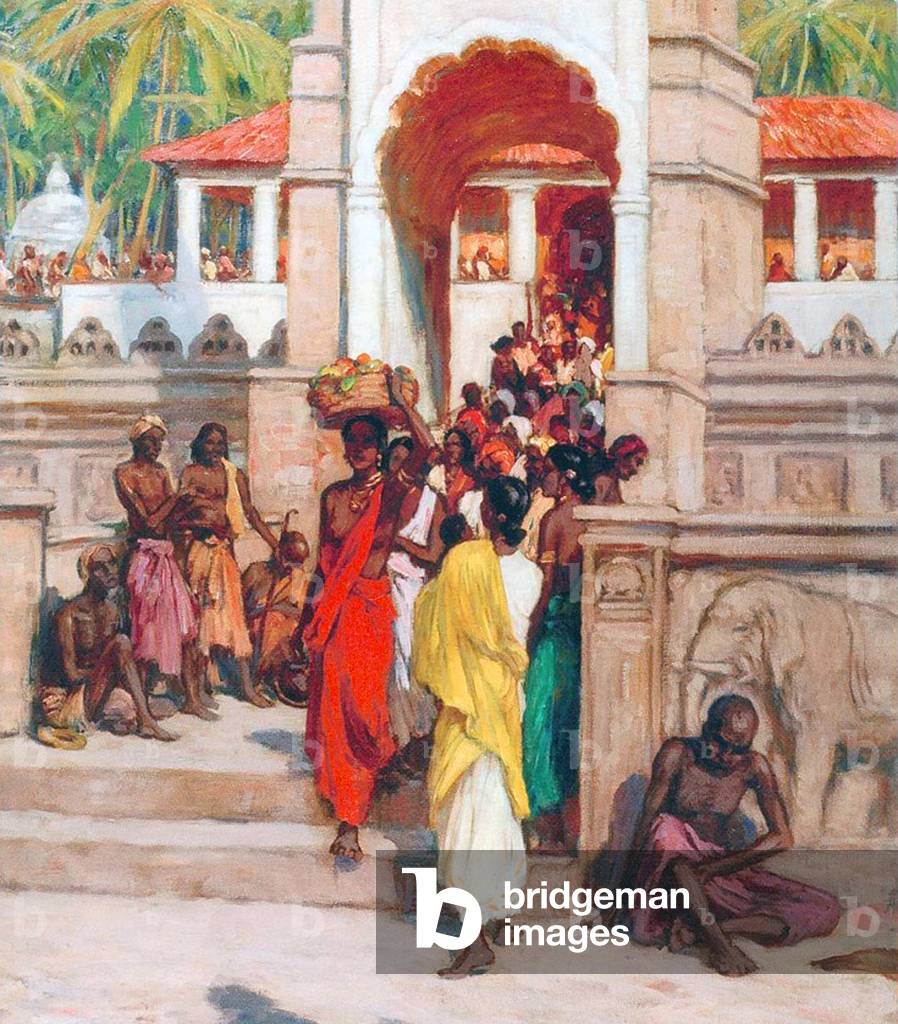 Sri Lanka: Scene by an entrance to the Temple of the Tooth, Kandy, c.1928.