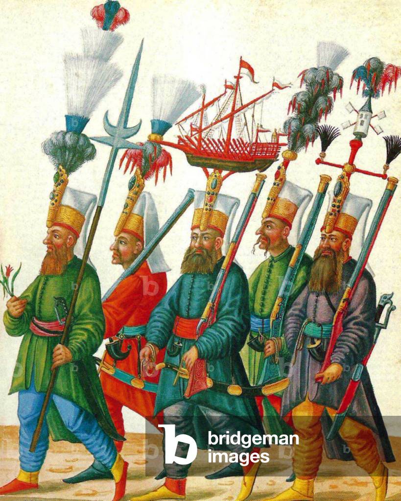 Turkey: Painting showing Janissaries, elite soldiers who acted as bodyguards for the Ottoman  sultans