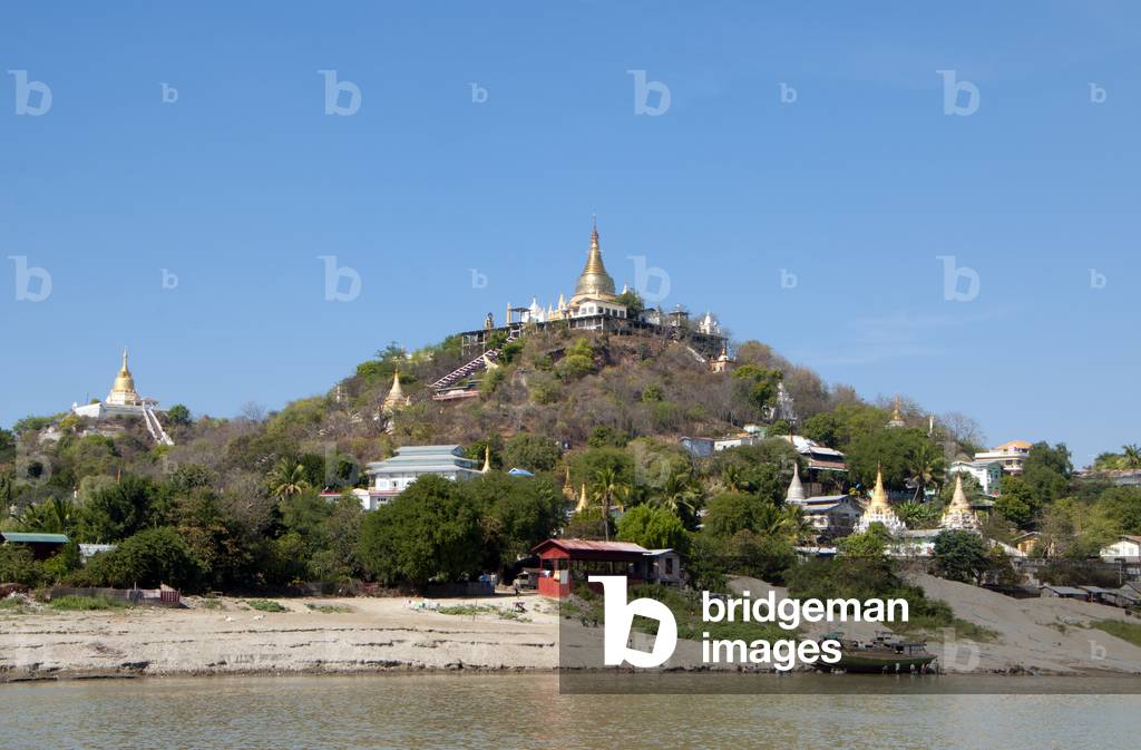Burma / Myanmar: Pagodas at Sagaing seen from the Irrawaddy / Ayeyarwady River, near Mandalay