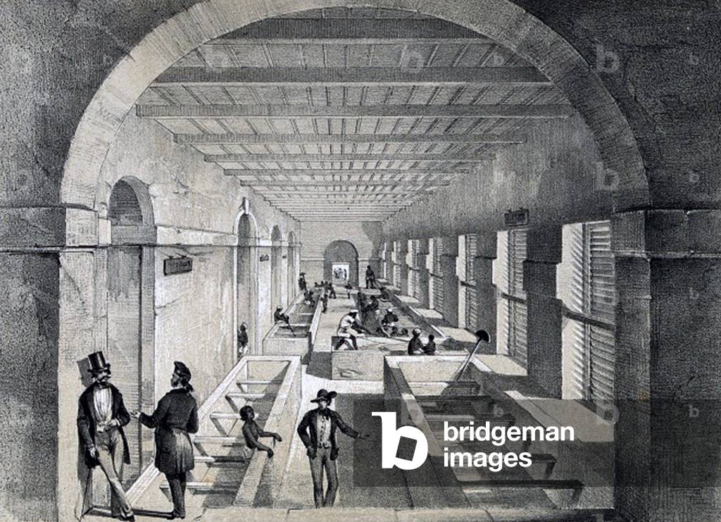 India / China: The 'Mixing Room' in a Patna opium factory with opium balls being prepared for use in the China trade. Lithograph, W. S. Sherwell, c. 1850