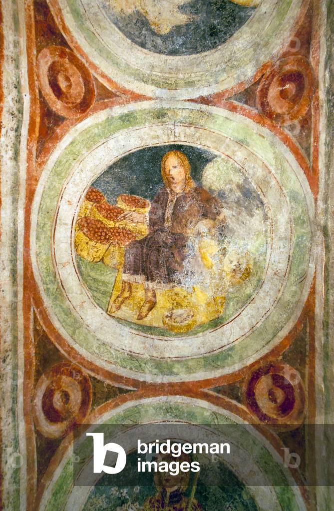 Slovenia: Representation of one of the months of the year, found on the north and south side arches. 15th century fresco (representing one of the months of the year) by John of Kastav (Johannes de Castua), Holy Trinity Church, Hrastovlje, Rizana Valley