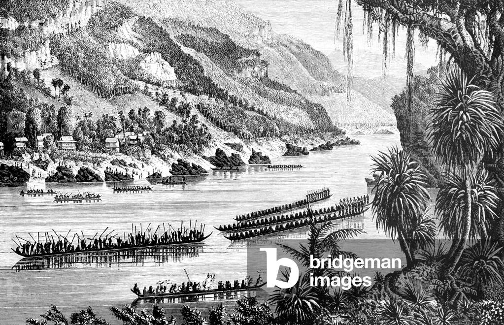 Cambodia: Pirogue boat races on the Mekong River, illustrated by French expeditioner Louis Delaporte in 1866-68.