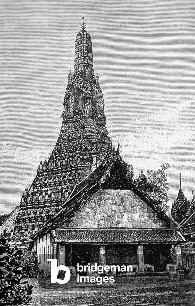 Thailand: A 19th century engraving of the Khmer-style central prang at Wat Arun (Temple of Dawn), Bangkok