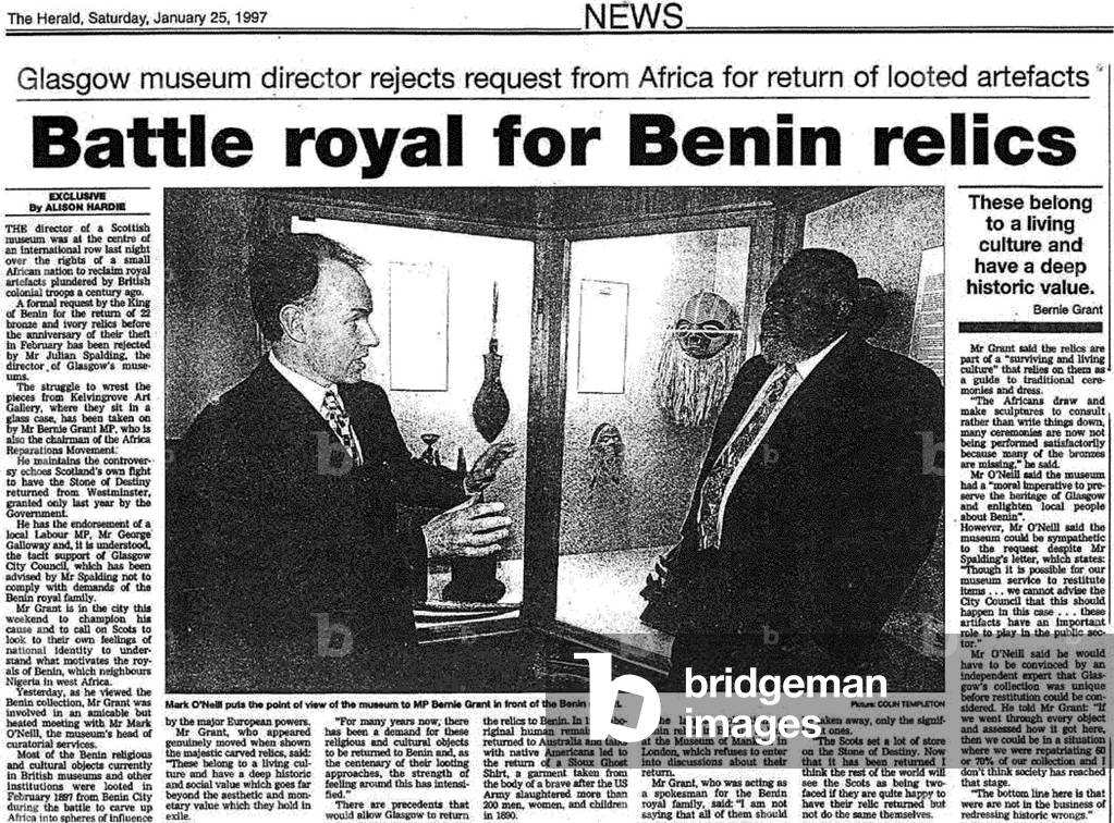 Nigeria:'Battle Royal for Benin relics'. Headline from the Glasgow Herald, January 25 1997