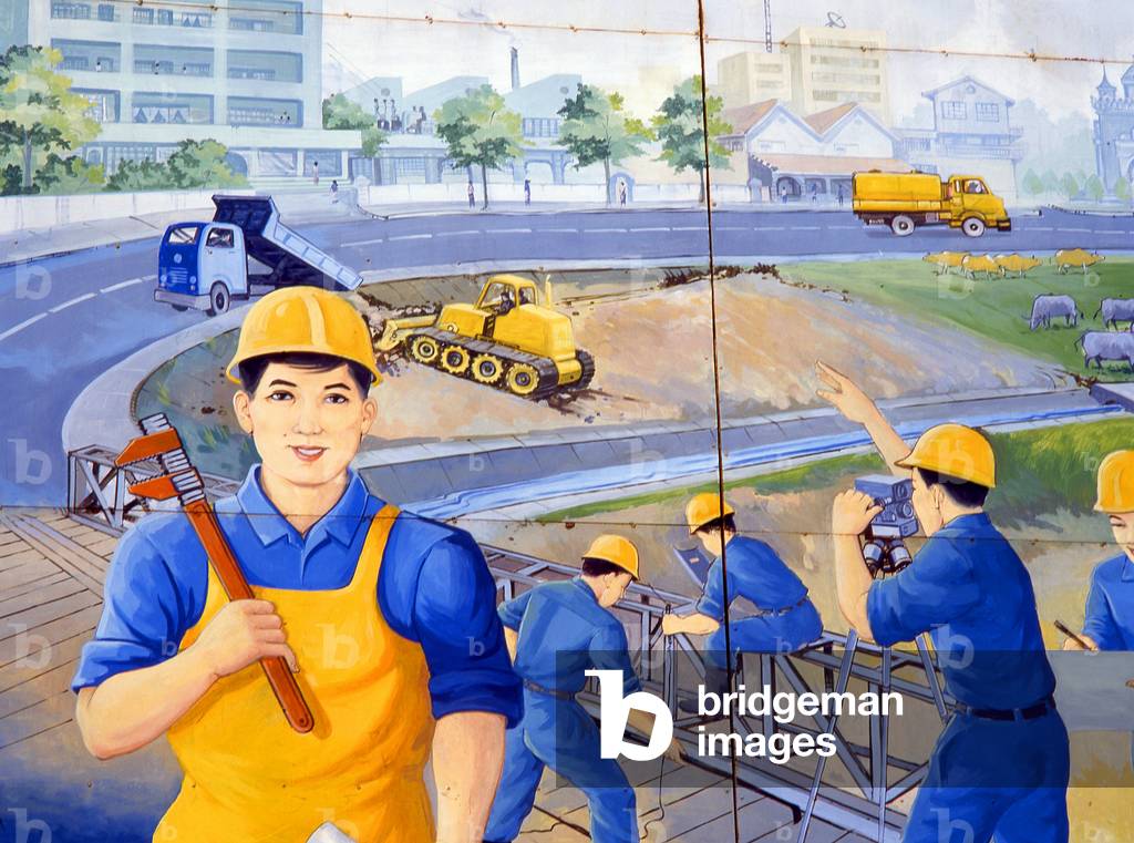 Laos: Construction, Revolutionary Socialist realist-style political poster on the streets of Vientiane