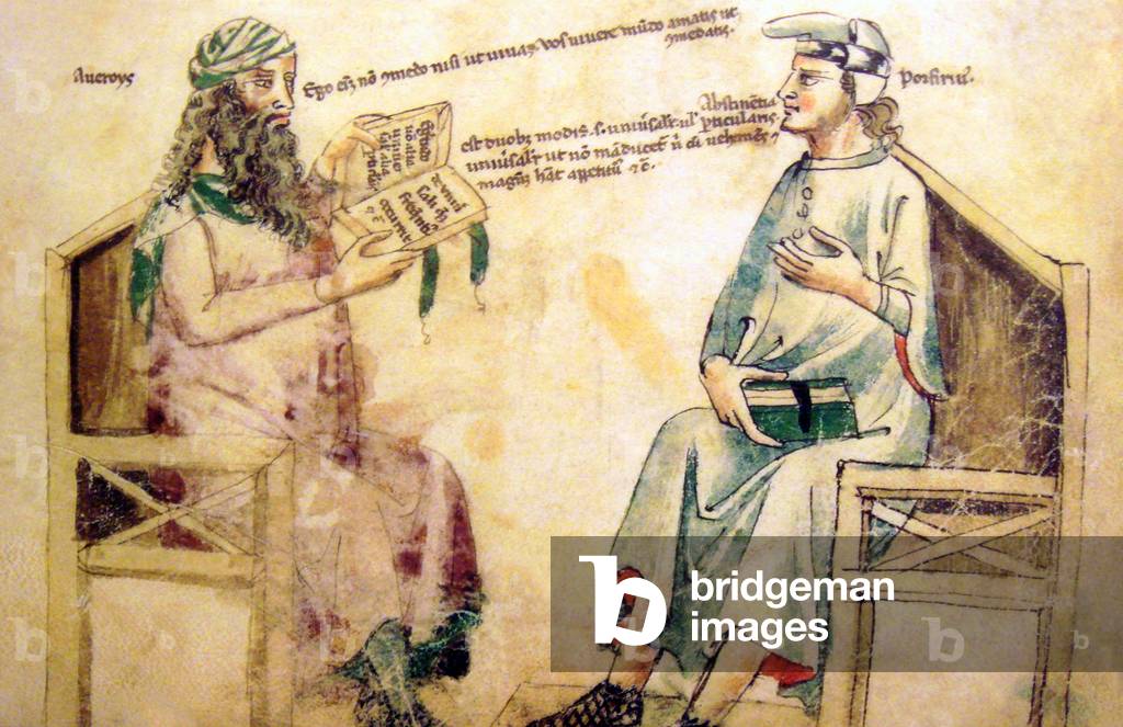 Spain / Al-andalus: Imaginary debate between Ibn Rushd (Averroes) and Porphyry of Tyre. Monfredo de Monte Imperiali Liber de herbis, 14th century