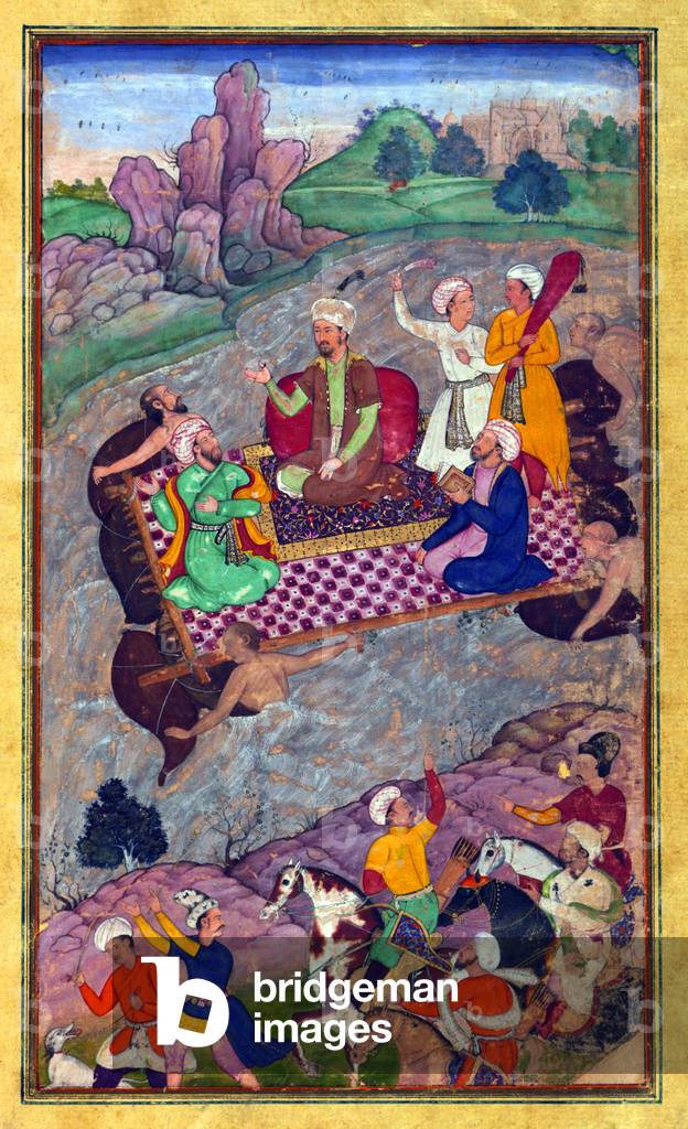 India: Scene from the Baburnama. Babur, during his second Hindustan campaign, riding a raft from Kunar back to Atar, where he made camp