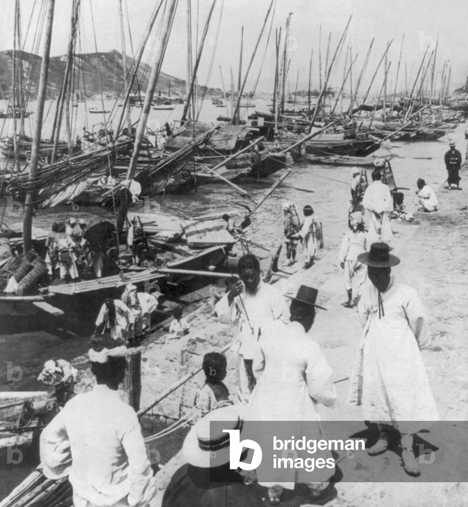 Korea: Sea-going native junks along the wharf at Chemulpo (Incheon, Inchon), looking N.W. over harbor, early 20th century